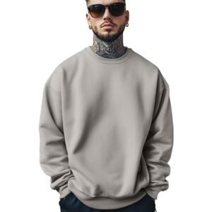 Veirdo Cotton Poly Fleece Oversized Fit Full Sleeves Ribbed Solid Crew Neck Sweatshirt for Men